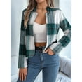 thumbnail image 3 of Women'S Cropped Plaid Shacket Jacket Button Down Long Sleeve Shirts Tops Green M, 3 of 7