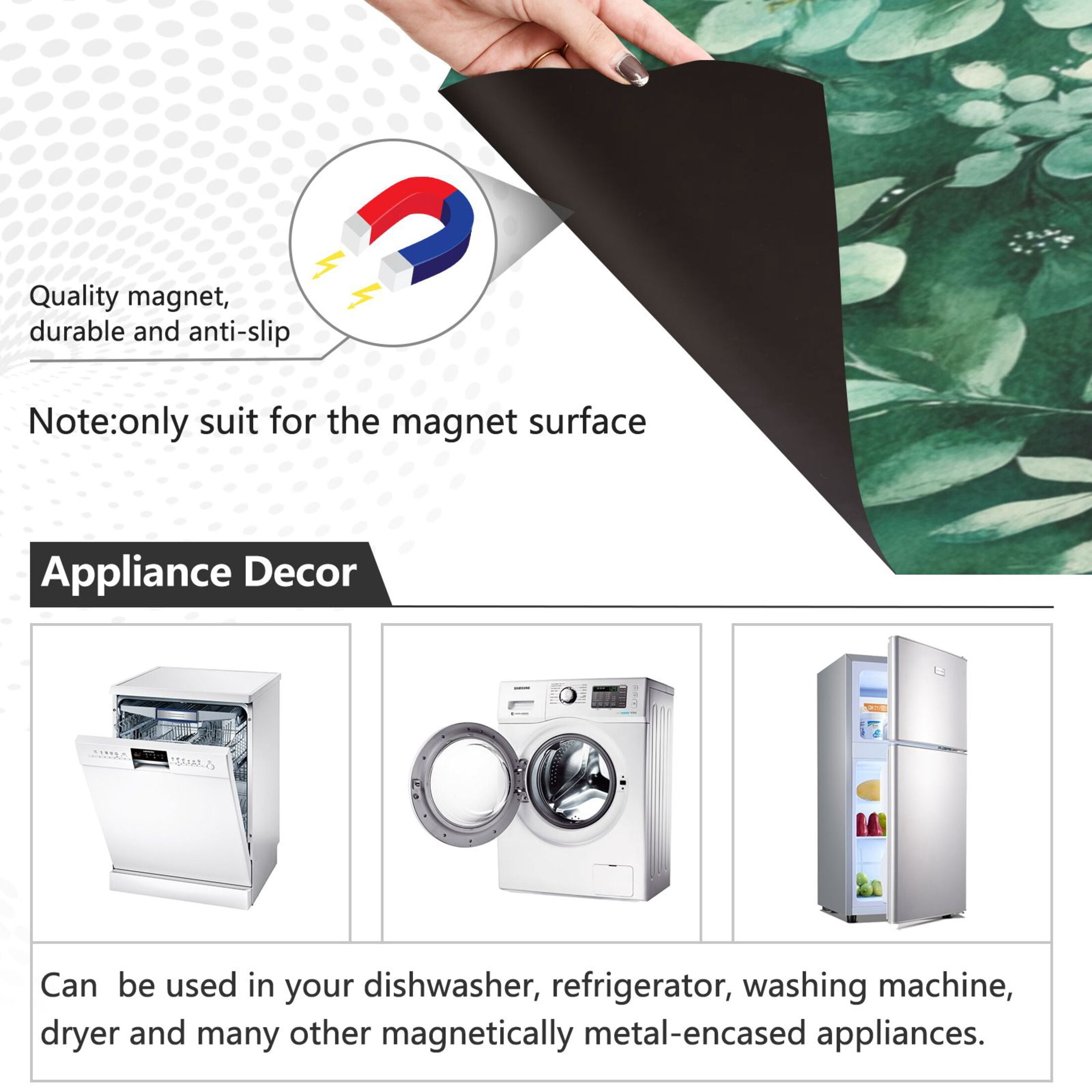 Dishwasher Magnetic Sticker 23x26 Inch Refrigerator Magnetic Sticker Washing Machine Magnetic Sticker Kitchen Panel Magnetic Sticker Home Decor Cartoon Green Flowers Seamless
