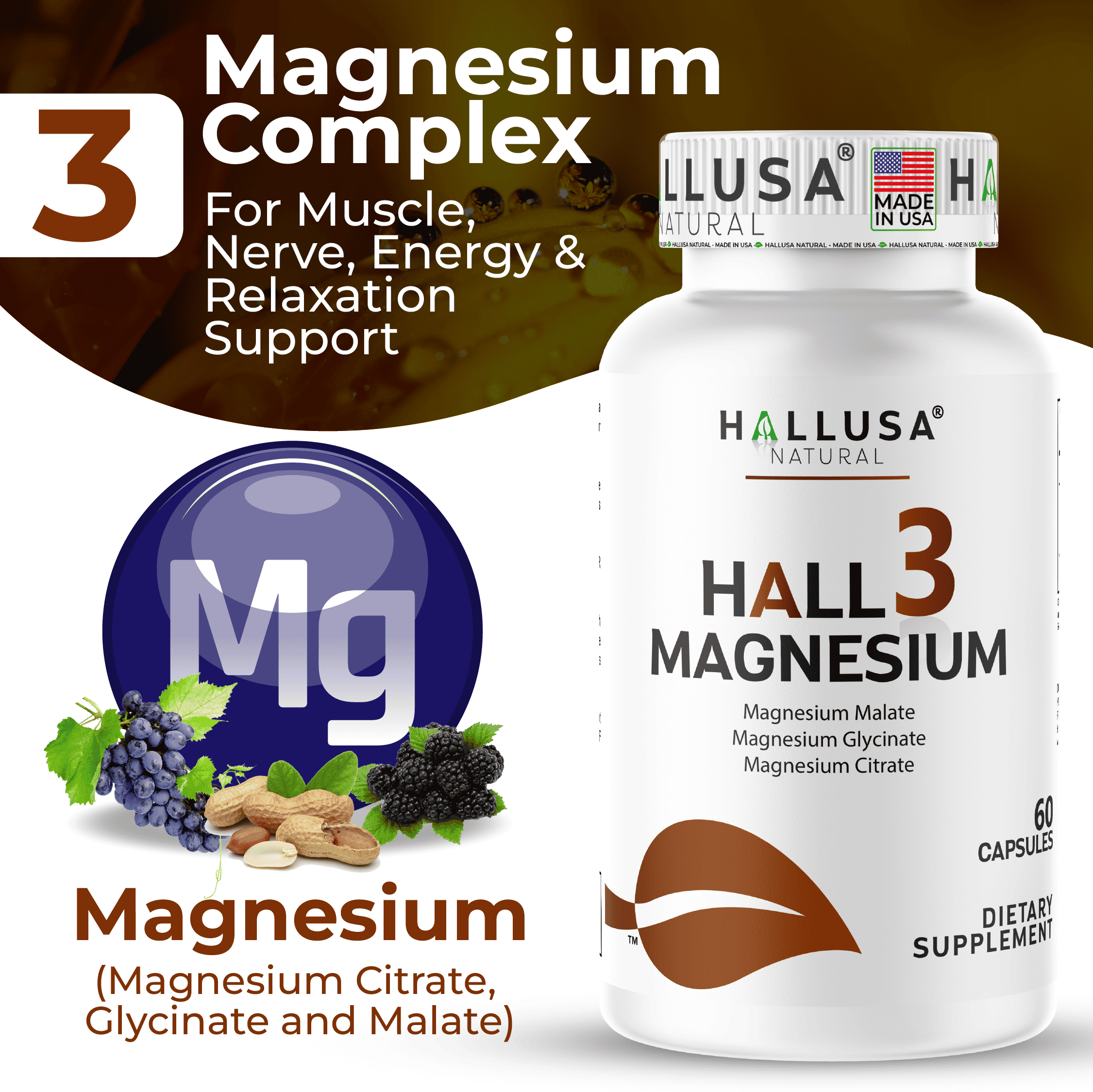 HALLUSA NATURAL Magnesium Complex Capsules 135mg with Malate, Citrate, Glycinate - 60 Count