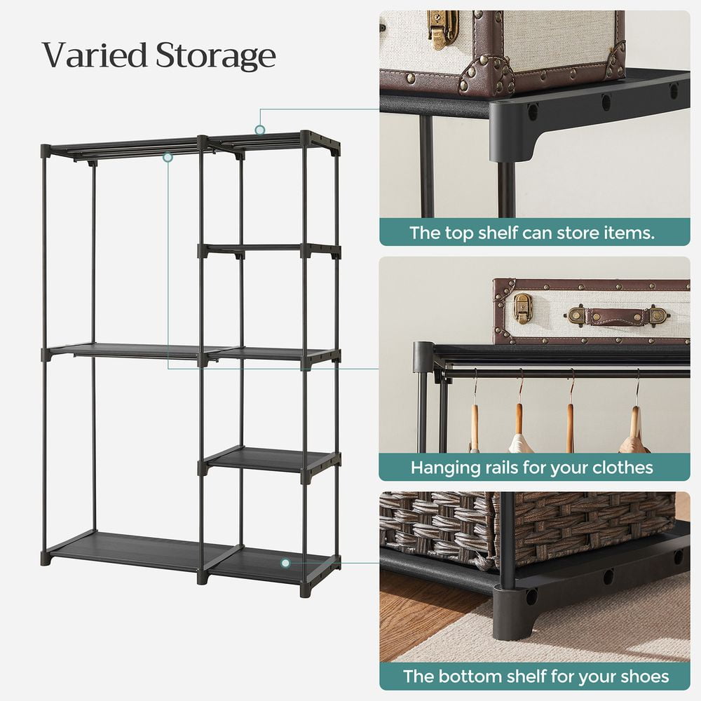 Songmics Home Closet Organizer with Hanging Rod & Shelves, Space-Saving Freestanding Portable Wardrobe for Bedroom, Black
