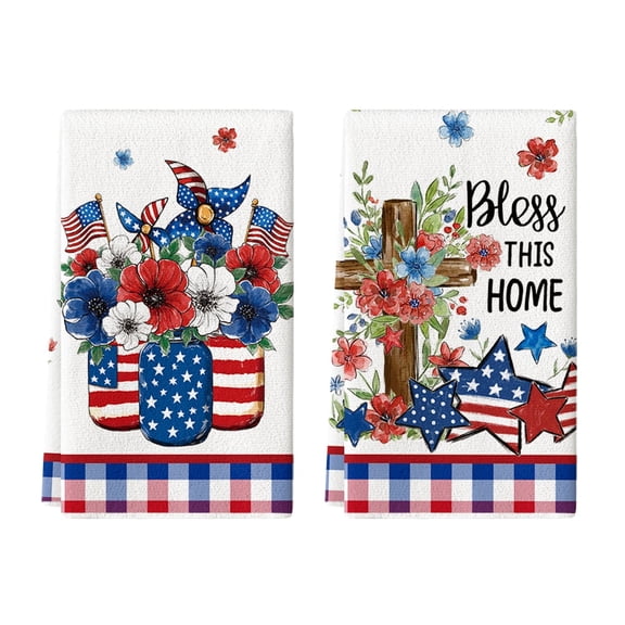 Sm:)e Buffalo Plaid Flower Vase American Flag 4th of July Kitchen Dish Towels Set of 2 18x26 Inch, Red, Soft & Absorbent Patriotic Independence Day Washcloth