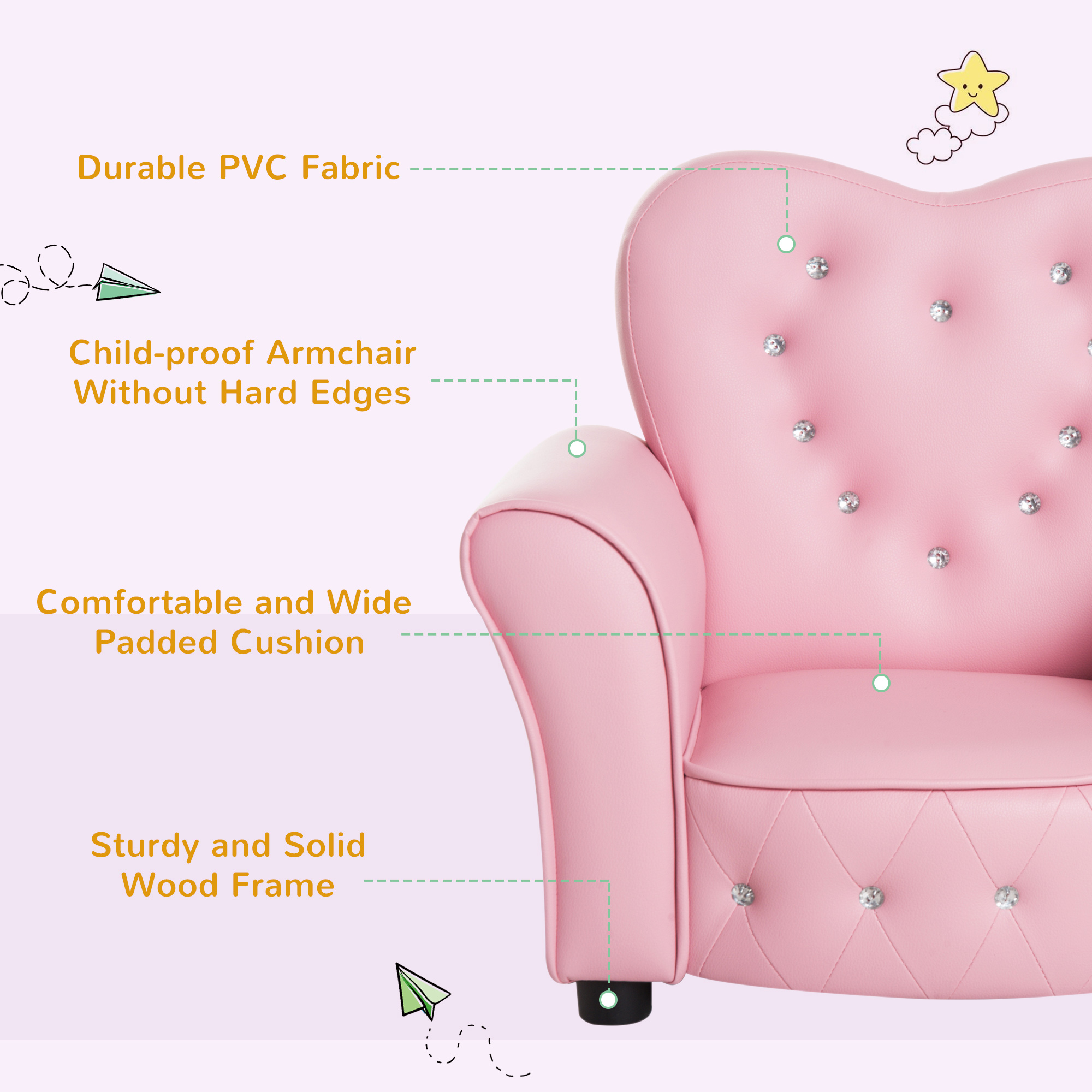 Qaba Kids Sofa Toddler Tufted Upholstered Sofa Chair Princess Couch Furniture with Diamond Decoration for Preschool Child, Pink - image 6 of 9