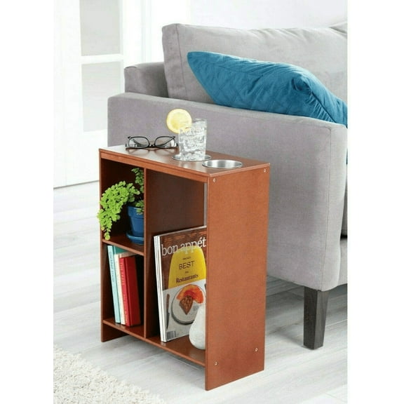 Slim End Table with Drink Holders -Side Sofa Table with Built-in Shelving