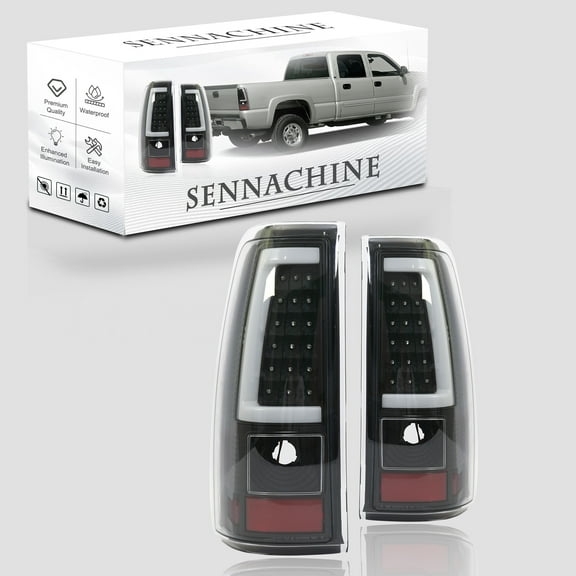 Sennachine LED Tail Light Assembly Compatible with 2003-2006 Chevy Silverado 1500/2500/3500 and 1999-2002 GMC Sierra 1500/2500/3500 Black Housing and Smoke Lens (Fit Fleetside Models Only)