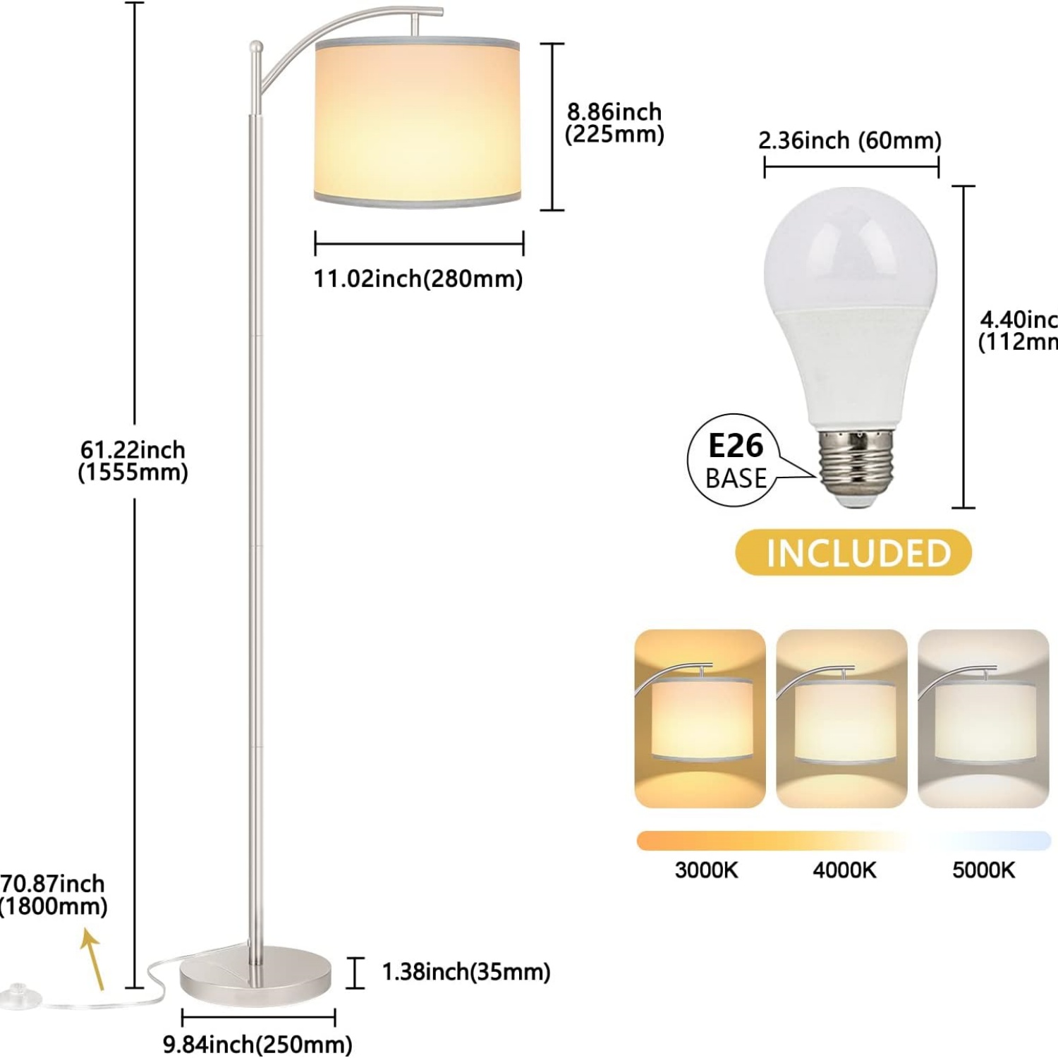 Floor Lamp for Living Room with 3 Color Temperatures LED Bulb, Standing Lamp Tall Floor Lamp Reading for Bedroom, Office (9W LED Bulb, White Lampshade Included) -Silver