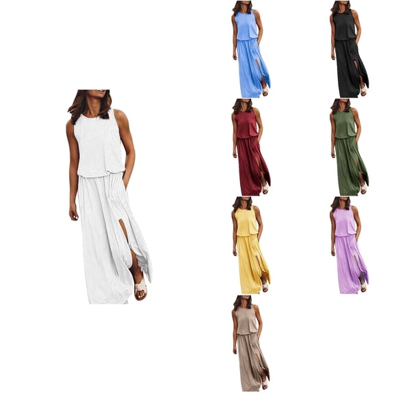 Antinious Summer Dresses for Women,Womens Dresses for Party,Plus Size Dresses for Curvy Women Casual Sleeveless Round Neck Solid Fork Opening Beach Dress,Khaki,XXXXL