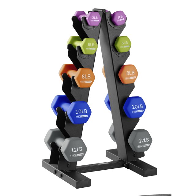 HolaHatha 3, 5, 8, 10, & 12 lb Neoprene Hexagon Dumbbell Weight Set w/ Stand