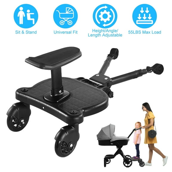 New Universal Stroller Board with Detachable Seat 2 in 1 Sit and Stand Buggy Wheeled Board for Most Strollers Holds Children Up to 55lbs Black