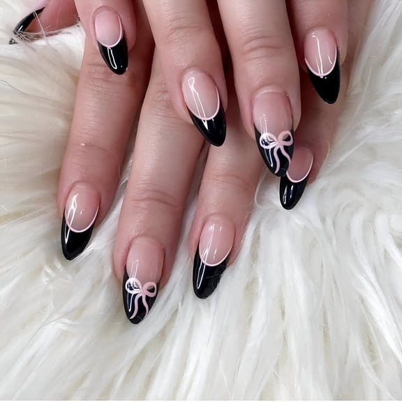 RAGUPEL Black Press on Nails Medium Almond Fake Nails French Tip Glue on Nails Bow Design Goth Acrylic Nails Matte Halloween False Nails 24pcs Almond Manicure Gel Nails