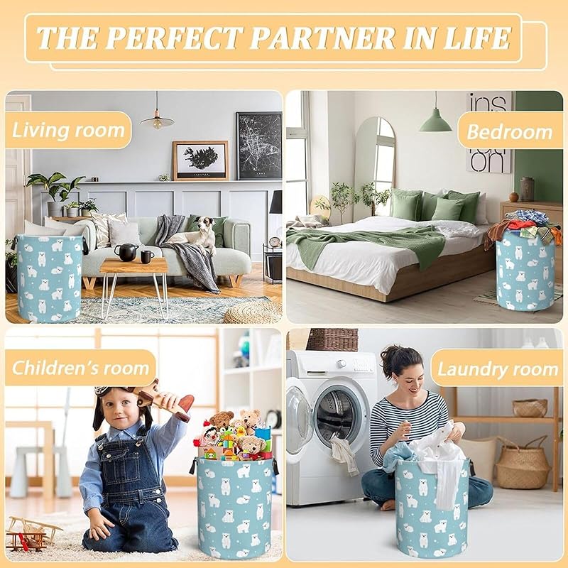 Cute Polar Bears Laundry Hamper Bag With Waterproof Liner - Round Laundry Basket Foldable Clothes Storage Organizer For Bathroom Bedroom Nursery Dorm