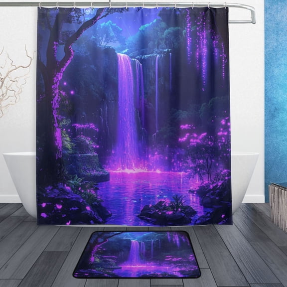 Bathroom Sets Curtain and Rug Sets 23.6x15.7 in Non-Slip Mat and 60x72 in Shower Curtain for Home Bath Dcor Purple Neon Waterfall