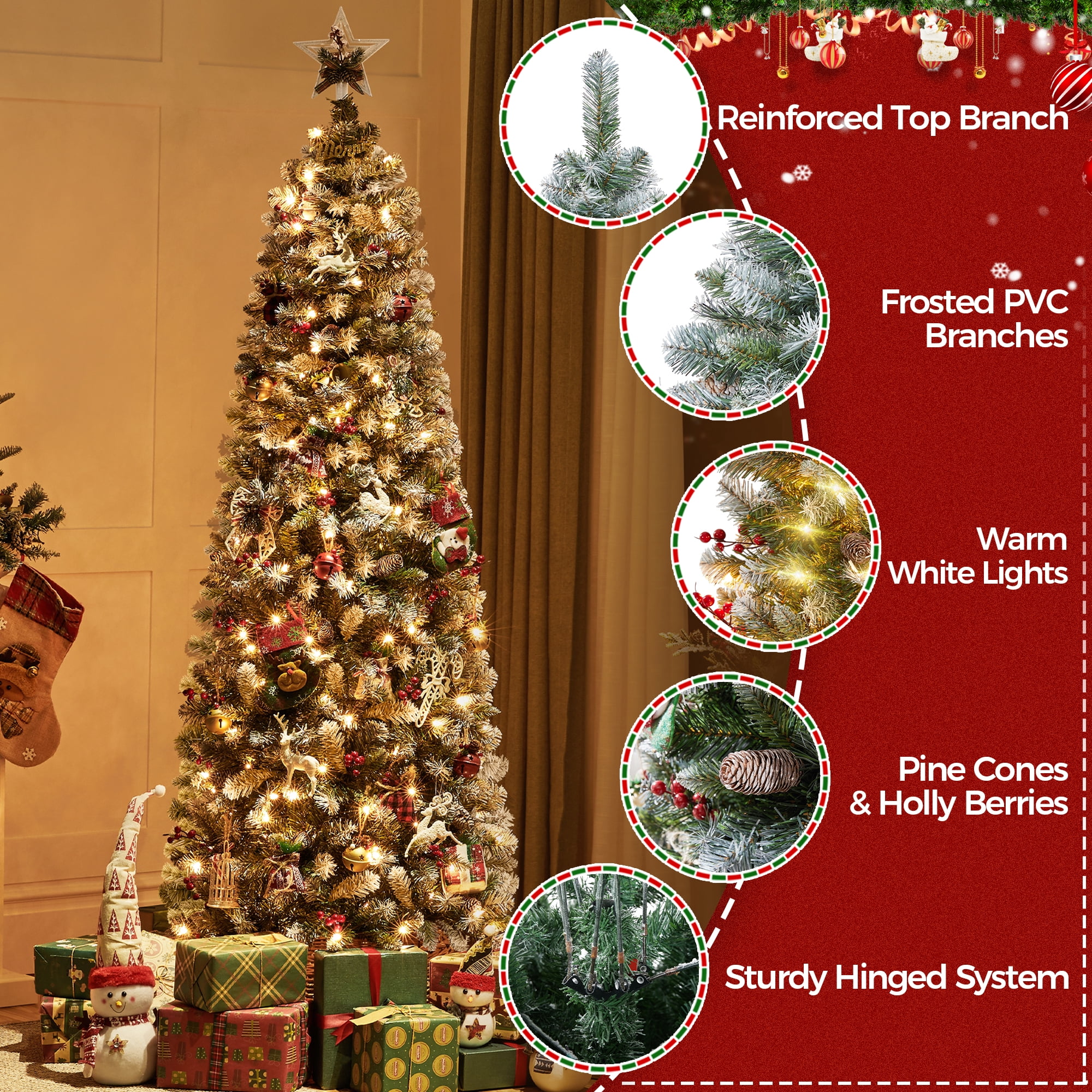 Alden Design 6FT Pre-Lit Pencil Christmas Tree with Pinecones and Red Berries, Snow-Dusted PVC Holiday Tree, Green