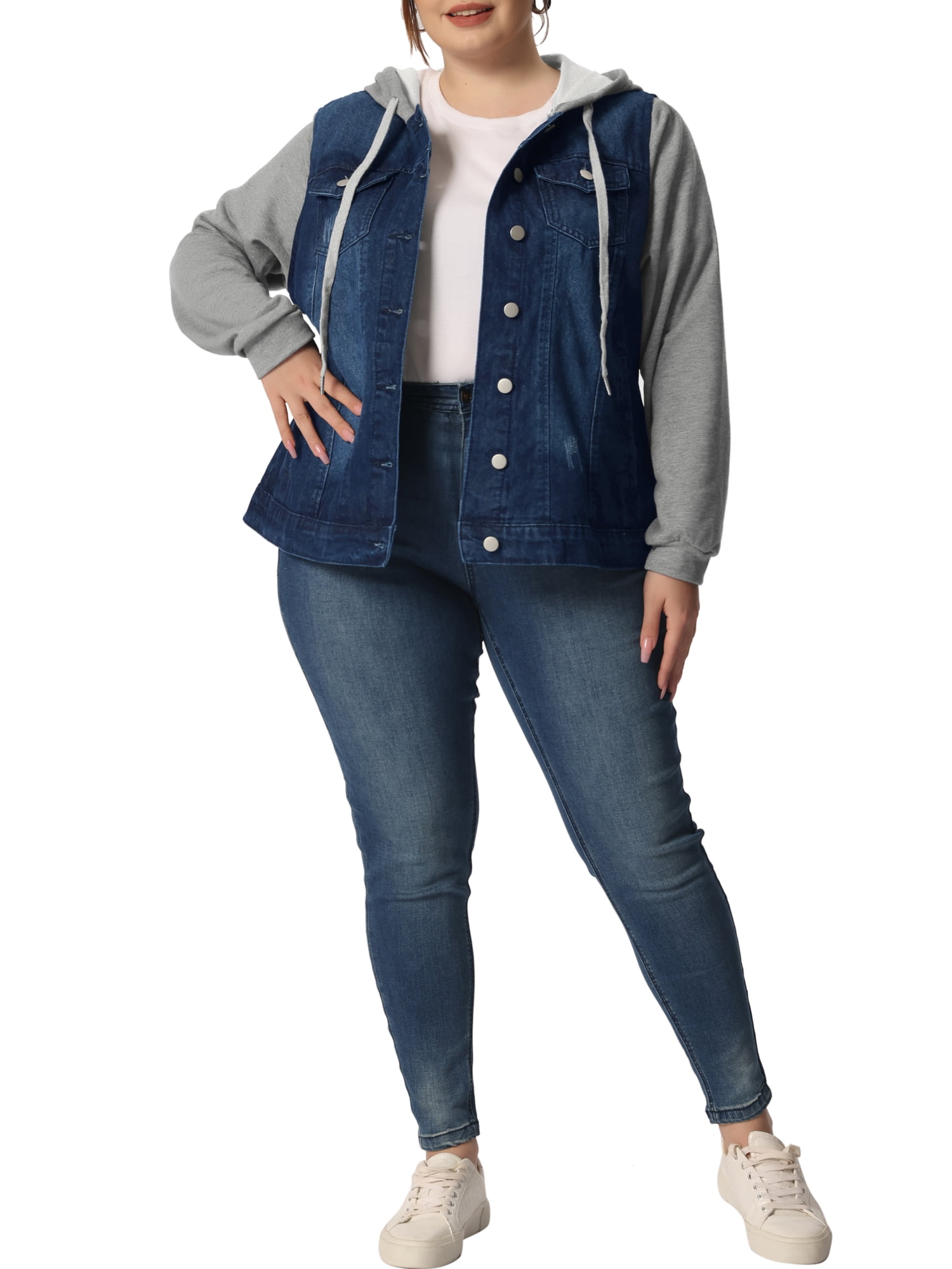 Unique Bargains Women's Plus Size Jean Drawstring Hood Denim Jacket
