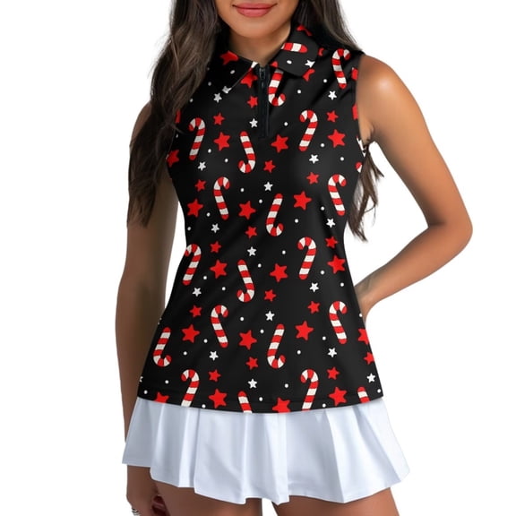 Yuyamidu Christmas Golf Tank Top for Women Golf Shirts Candy Canes Sleeveless Collared Tennis Shirt Comfy Quarter Zip Activewear Size XS
