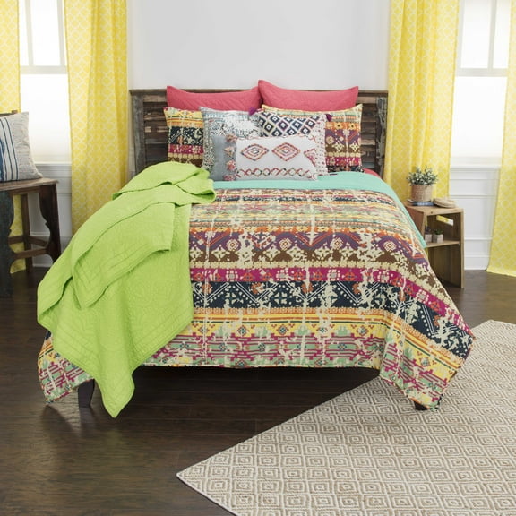 Rizzy Home Cotton 90"x92" Indigo Geometric 3 Piece Quilt Set