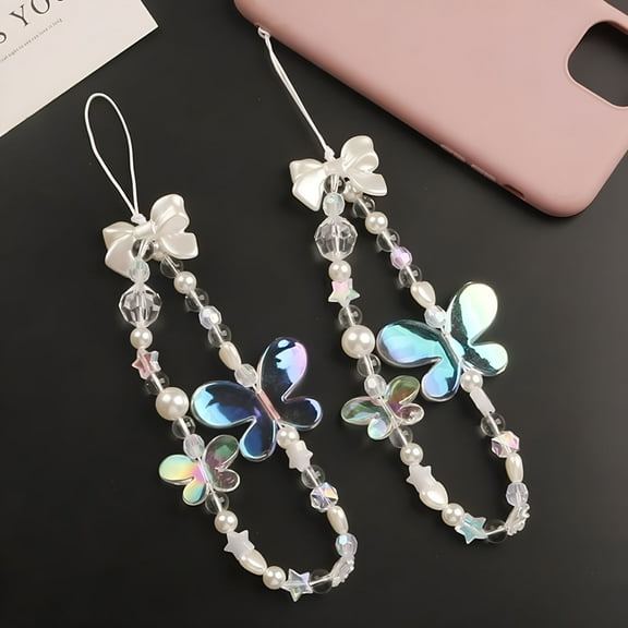 GJX 2026 New Butterfly Pearl Acrylic Beaded Mobile Phone Chain Strap Girls Phone Case Lanyard for Daily Use,Travel,Party,School