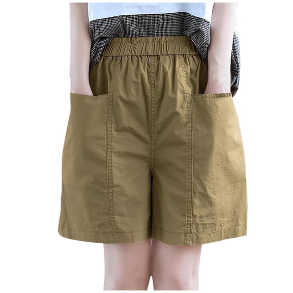Wyobums Women Wide Leg Shorts Elastic High Waisted Casual Loose Bermuda Shorts Comfy Shorts with Pockets M-4X Khaki