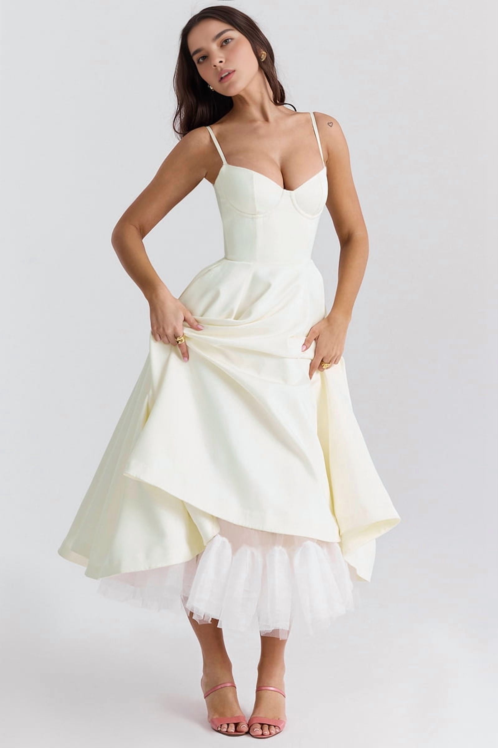 Wedding Guest Dresses for Women Spaghetti Straps Corset Homecoming Floral Lace Maxi Prom Dresses Cream White M