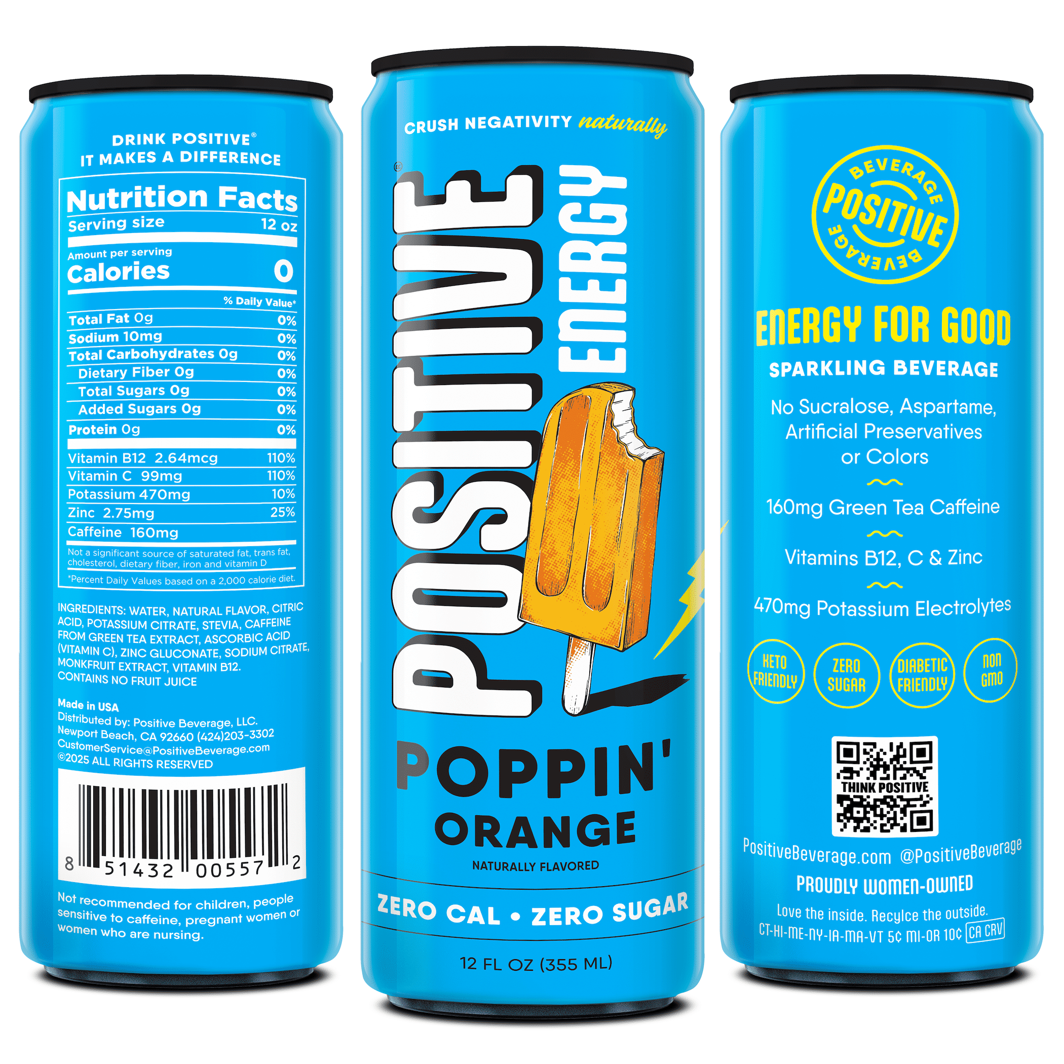 Positive Energy Drink - Poppin' Orange | Zero Sugar, Zero Calorie, 12oz Cans (Pack of 12) | Hydrating Electrolytes, Immunity Support with Zinc, Healthy Energy Boost