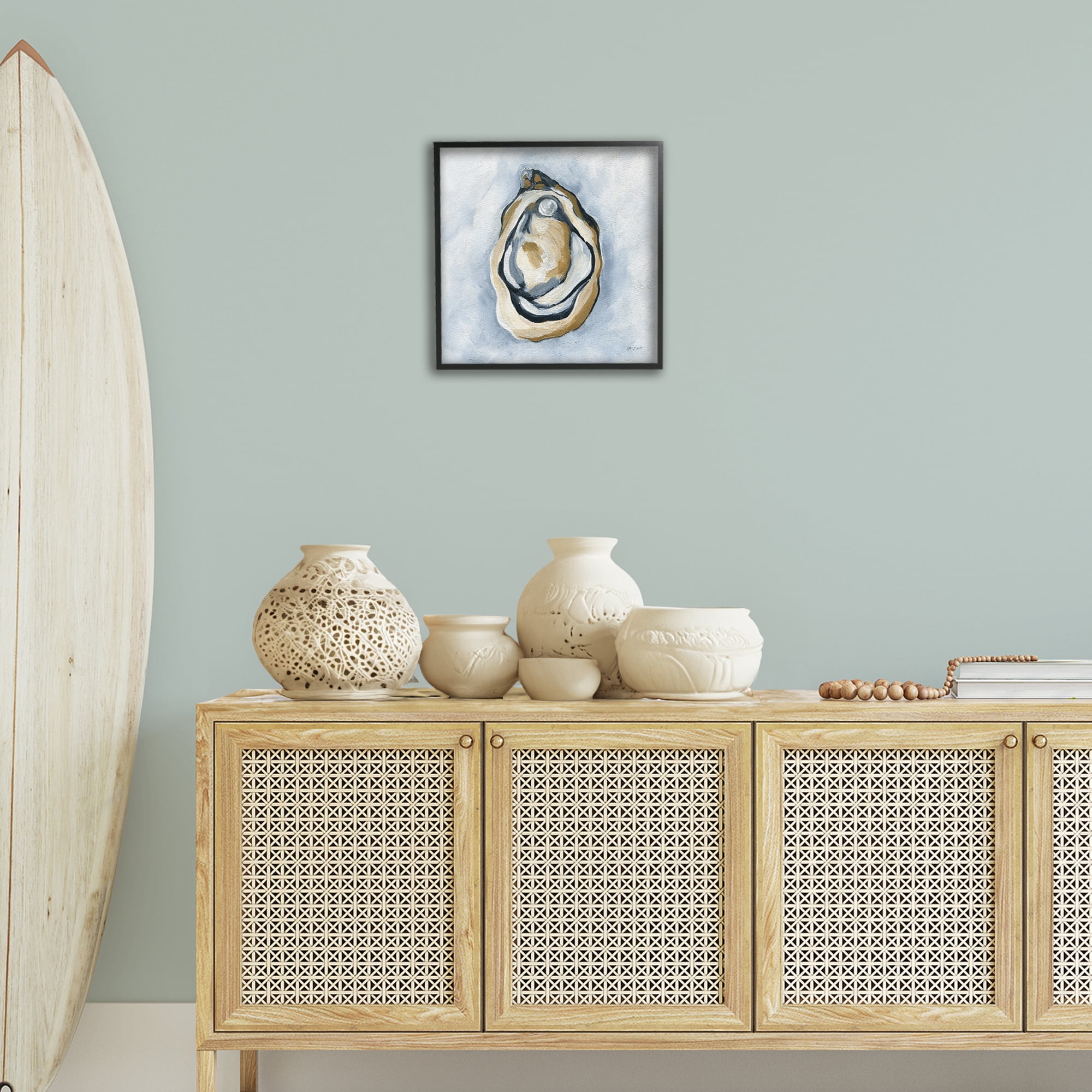 Stupell Industries Oyster with Pearl Coastal Painting Black Framed Art Print Wall Art, 17 x 17