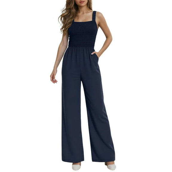 Womens Sleeveless Jumpsuit - Wide Leg Overalls - Petite/Regular/Tall - Elastic Straps - Casual/Work - S-XXL