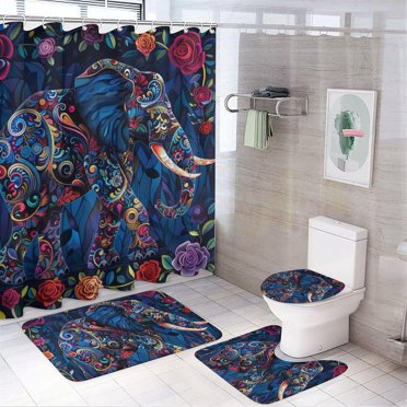 4Pcs Colorful Elephant Shower Curtain Sets, Bath Mat and Rugs, Abstract Floral Nature Plants Shower Curtain with Hooks for Bathroom