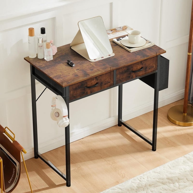 Kelno 32 Inch Computer Desk with 2 Fabric Drawer Storage Bag Iron Headphone Hook Vanity Writing Table, Rustic Brown