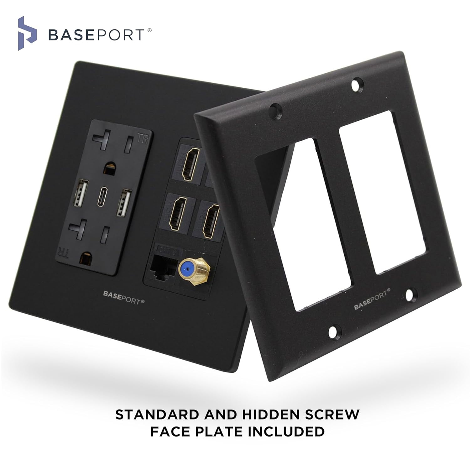 BASEPORT Media Wall Outlet with USB Ports, HDMI, Ethernet, Coax Cable Connector, Black Wall Plates