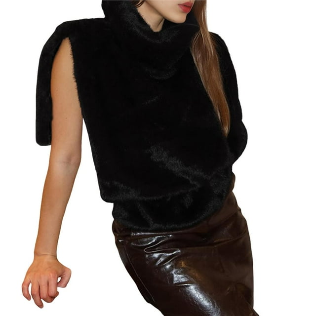 Chaleco de Piel Sintética para Mujer, Sin Mangas, Chaqueta de Forro de Invierno, Chaleco de Cuello Alto Negro M