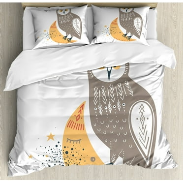 Cartoon Duvet Cover Set King Size, Mystical Wisdom Animal Owl on Crescent Moon Nursery Theme Print on Plain Background, Decorative 3 Piece Bedding Set with 2 Pillow Shams, Multicolor, by Ambesonne