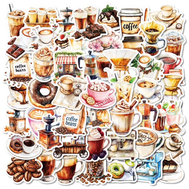 Paquete de pegatinas con temática de café, 50 unidades, estilo café estético