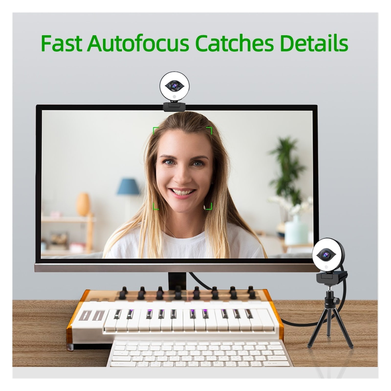 Webcam FHD 60FPS 1080P Webcam Live Streaming With Ring Light, USB Web Camera Autofocus 2 Stereo DSP For Conferencing ,HD Video