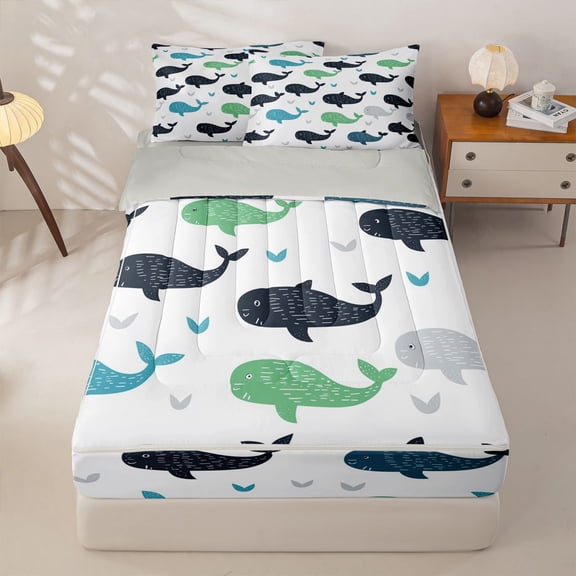 Manfei Colorful Whale Zipper Twin Comforter Sets with Fitted Sheet and 2 Pillowcases for Kids Boys and Girls, Sea Animal Zipper Bedding Set, Gray Reversible, 4pcs