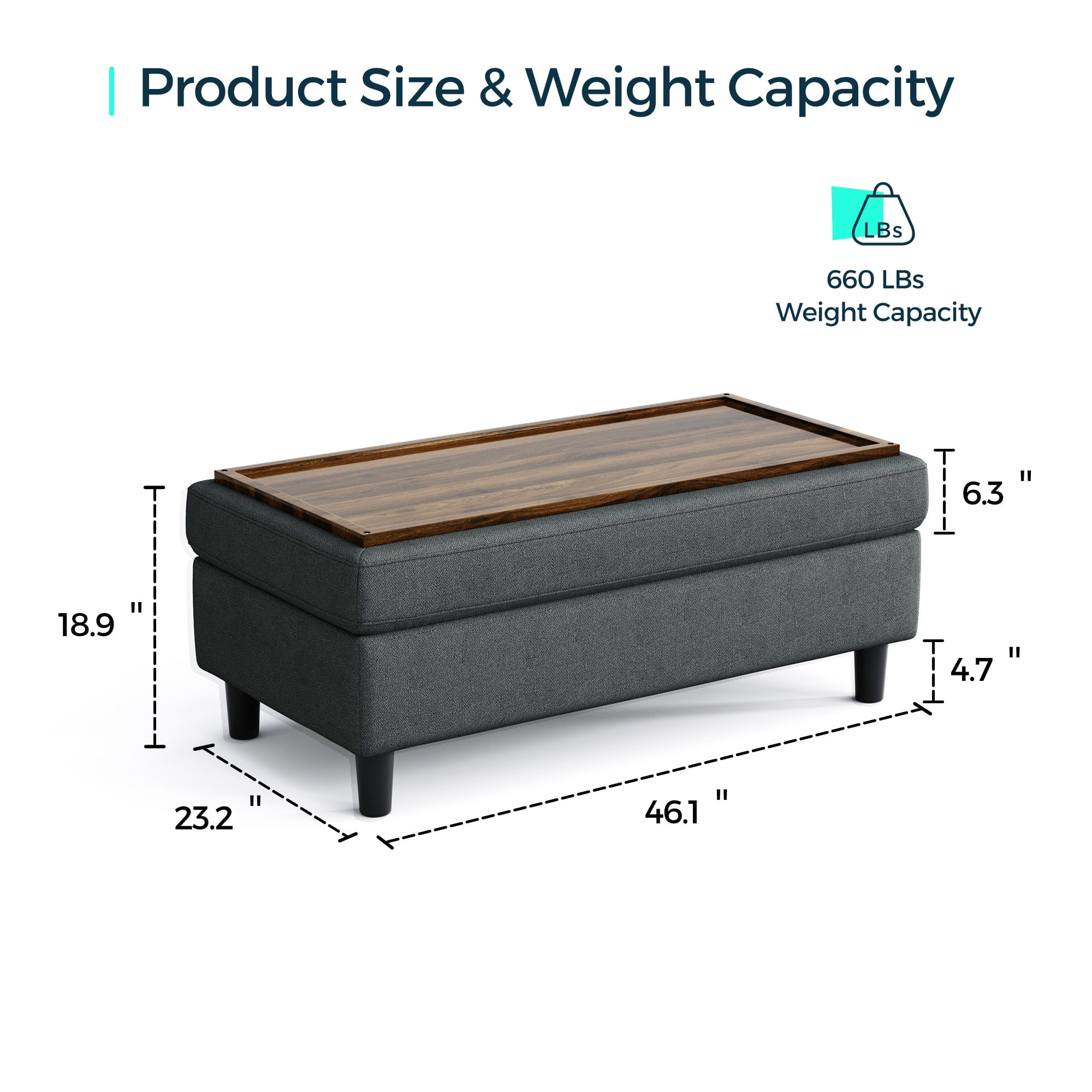 LINSY HOME 46" Large Ottoman with Storage, Ottoman Coffee Table, Upholstered Storage Bench for Living Room, Bedroom or Entryway, Blue