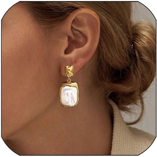 Gold Rectangle Stud Earrings For Women, Gold statement Earrings Dainty Thick Stud Earrings Gold Square Heart Pearl Wrinkle Irregular Drop Earring Minimalist Geometric Earrings