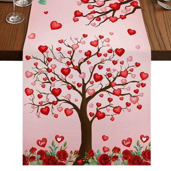 Table Runners 72 Inches Long Dress Scarves, Valentine's Day Farmhouse Kitchen Table Runner, Coffee Tablerunners, Pink Romantic Red Love Trees Roses 18x72 Inch