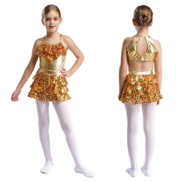 Alvivi Robe de Performance de Danse Latine Jazz Hip Hop Sans Manches à Volants à Paillettes pour Filles Or 16