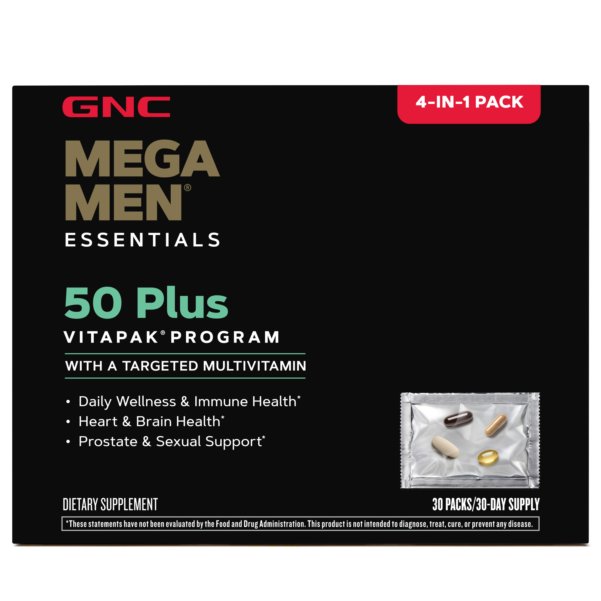 GNC Mega Men 50-Plus Essentials Vitapak, 30 Daily Packs, 4-in-1 Complete Daily Multivitamin and Nutrition Program for Men 50 and over