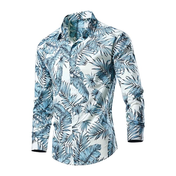 Ceisia Men's Slim Fit Long Sleeve Button-Down Shirt Palm Leaf Print Casual Summer Beach Top Light Blue XXXXL Gifts
