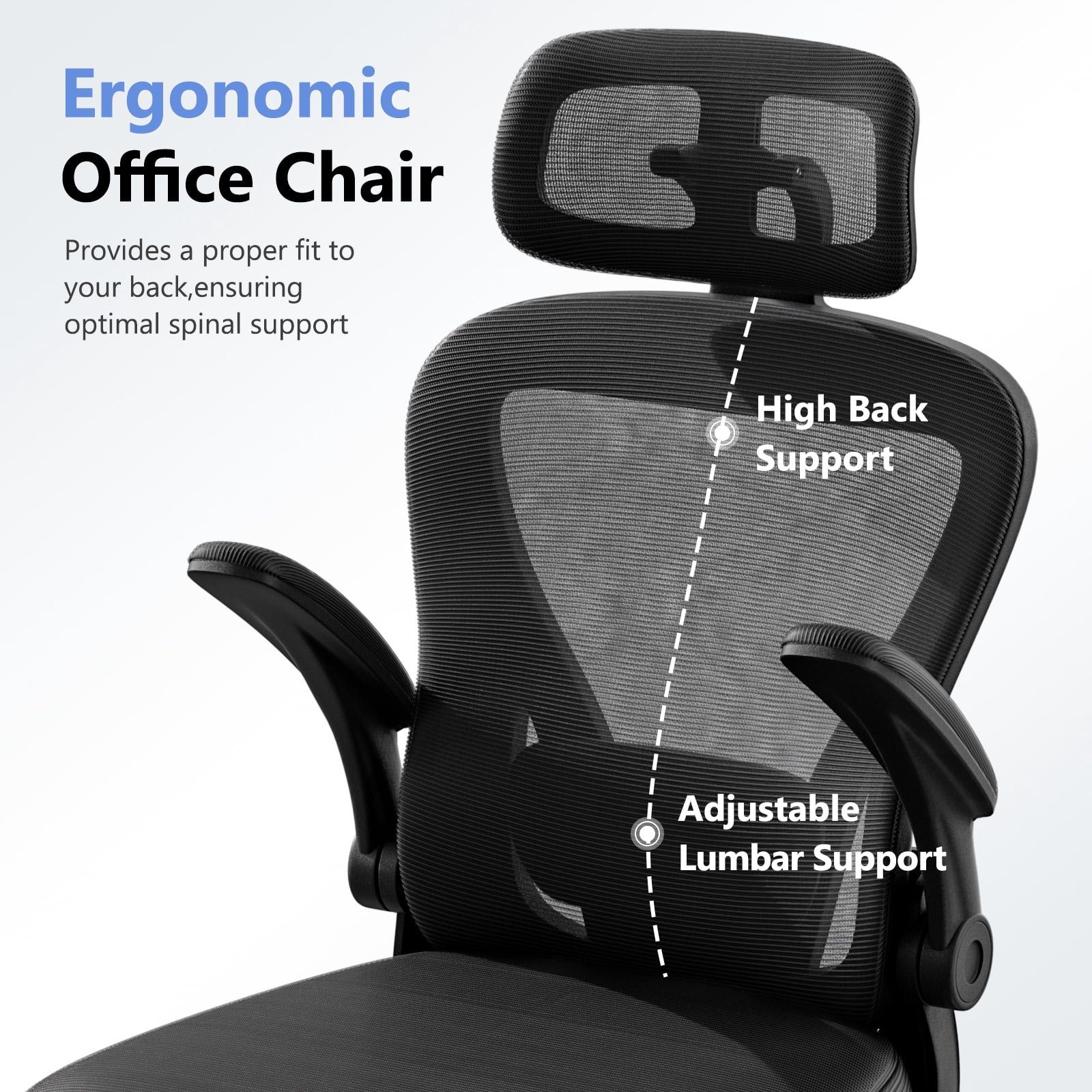 HomeZeer Desk Chairs with Wheels, Mesh Office Chair with Lumbar Support, Ergonomic High Back Office Chair with Adjustable Headrest, Task Chair Flip-up Arms, Executive Office Chair Home Office, Black