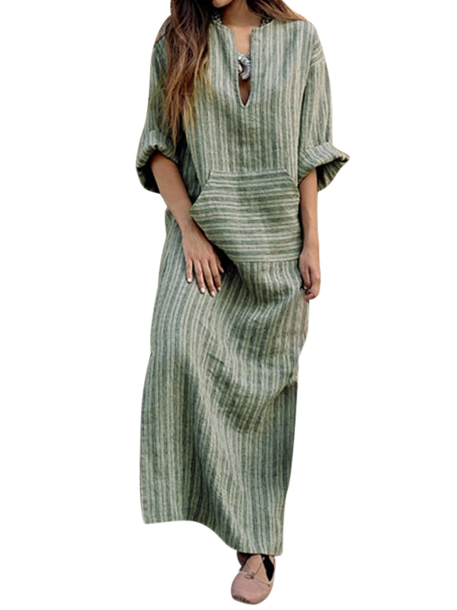 LISTHA Henley V Neck Maxi Dresses Women Long Sleeve Cotton Linen Baggy Dress 