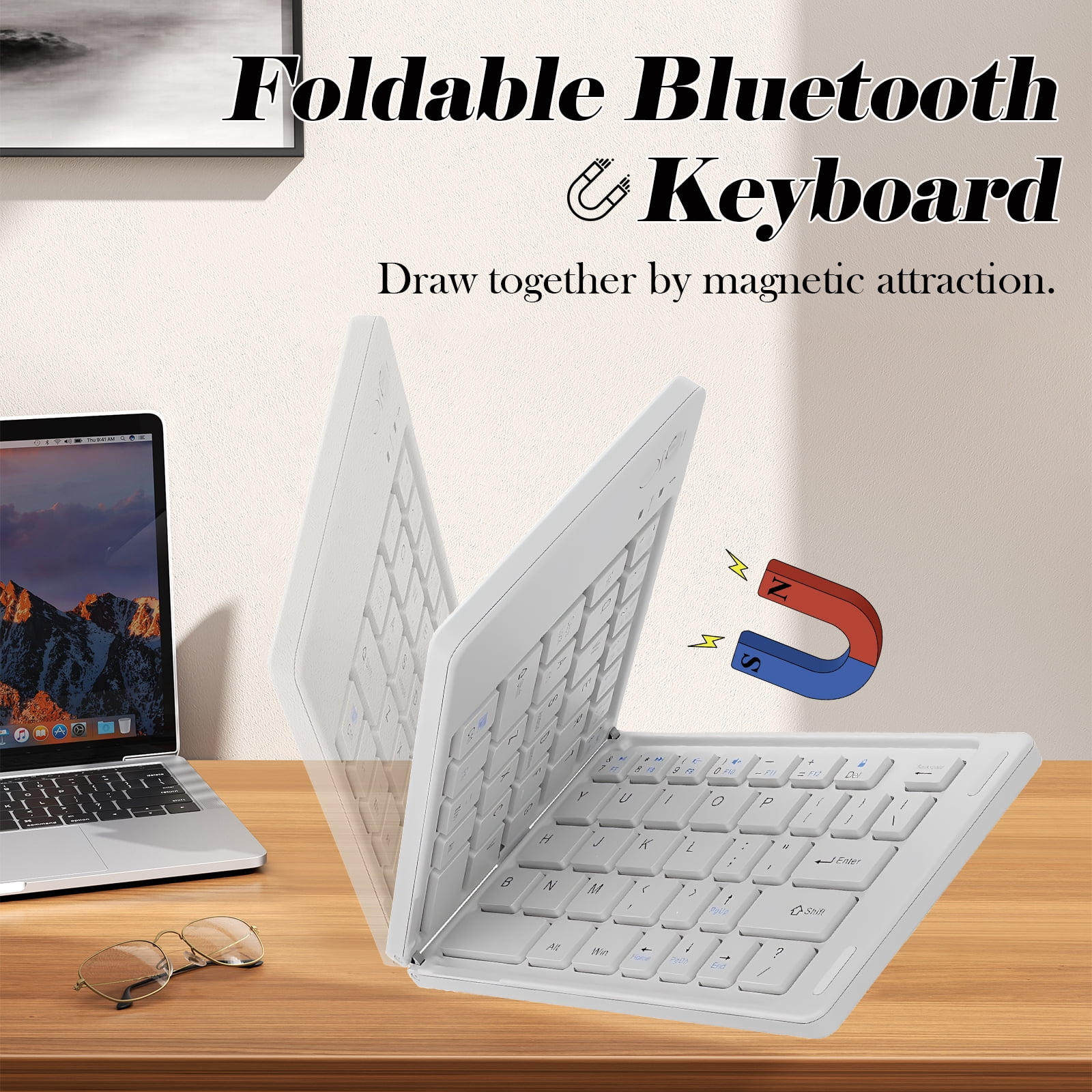 RONY Foldable Bluetooth Keyboard: Rechargeable Folding Wireless Keyboard Full Size Ultra Slim Folding Travel Keyboard for Android Windows System Laptop Tablet Smartphone, White