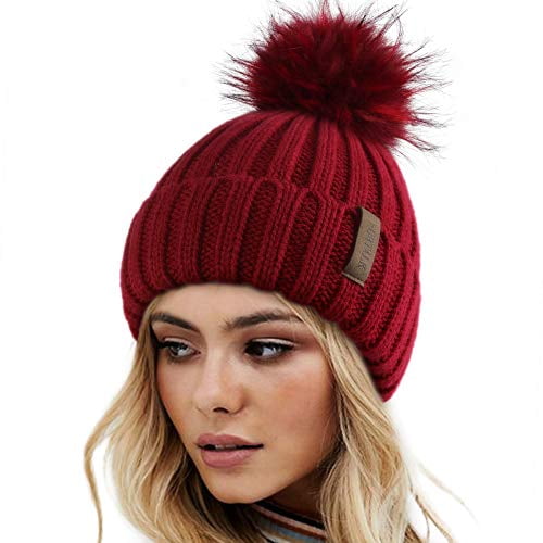 Faux Fur Pom Warm Knit Skull Cap Beanie 