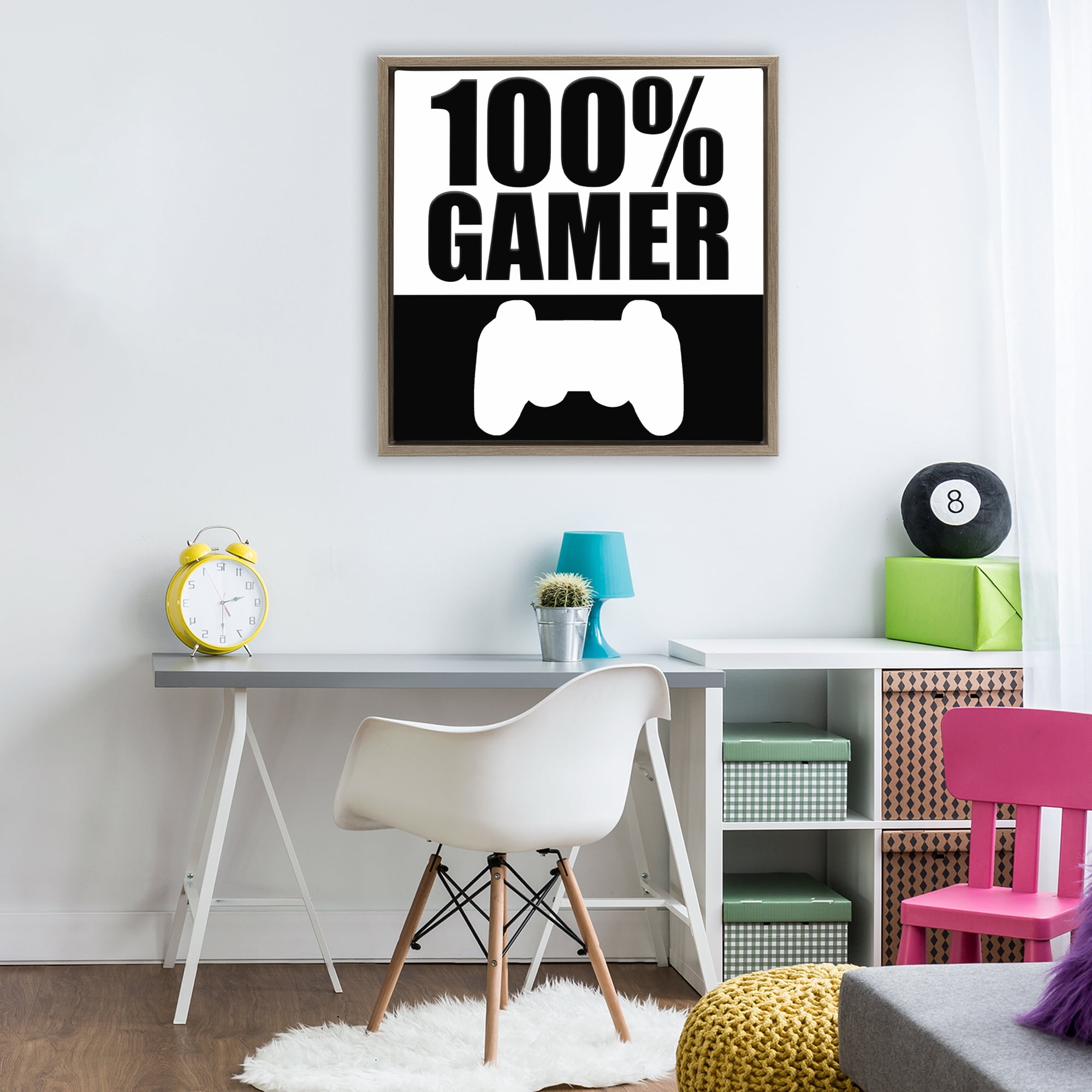 100% Gamer Black & White Brown Framed Floater Canvas Wall Art, design by Kim Allen