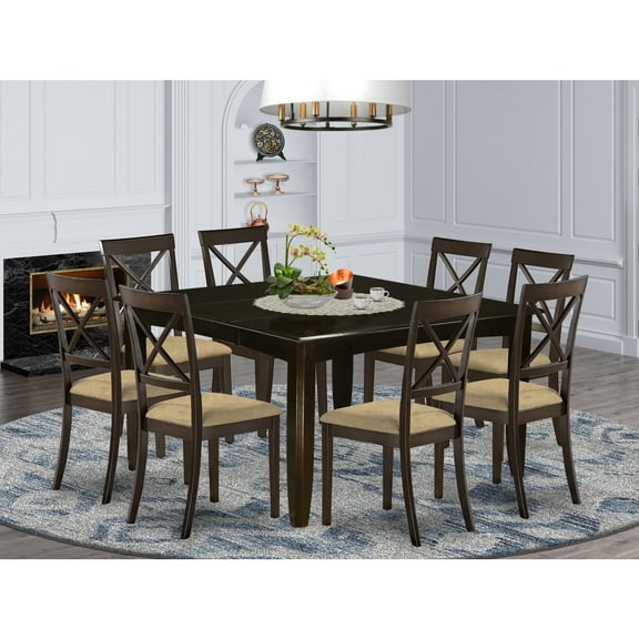 9 Piece Dining Set - Square Table with Butterfly Leaf & 8 Linen Chairs - 54 Inch Cappuccino Finish