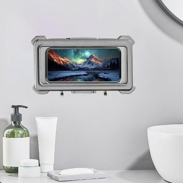 Soporte de Pared para Teléfono de Baño Impermeable | Funda universal para smartphone de 4-7 pulgadas | Fuerte adhesión | Estante de Ducha de Cocina | Pantalla táctil giratoria de 360° | Blanco Negro