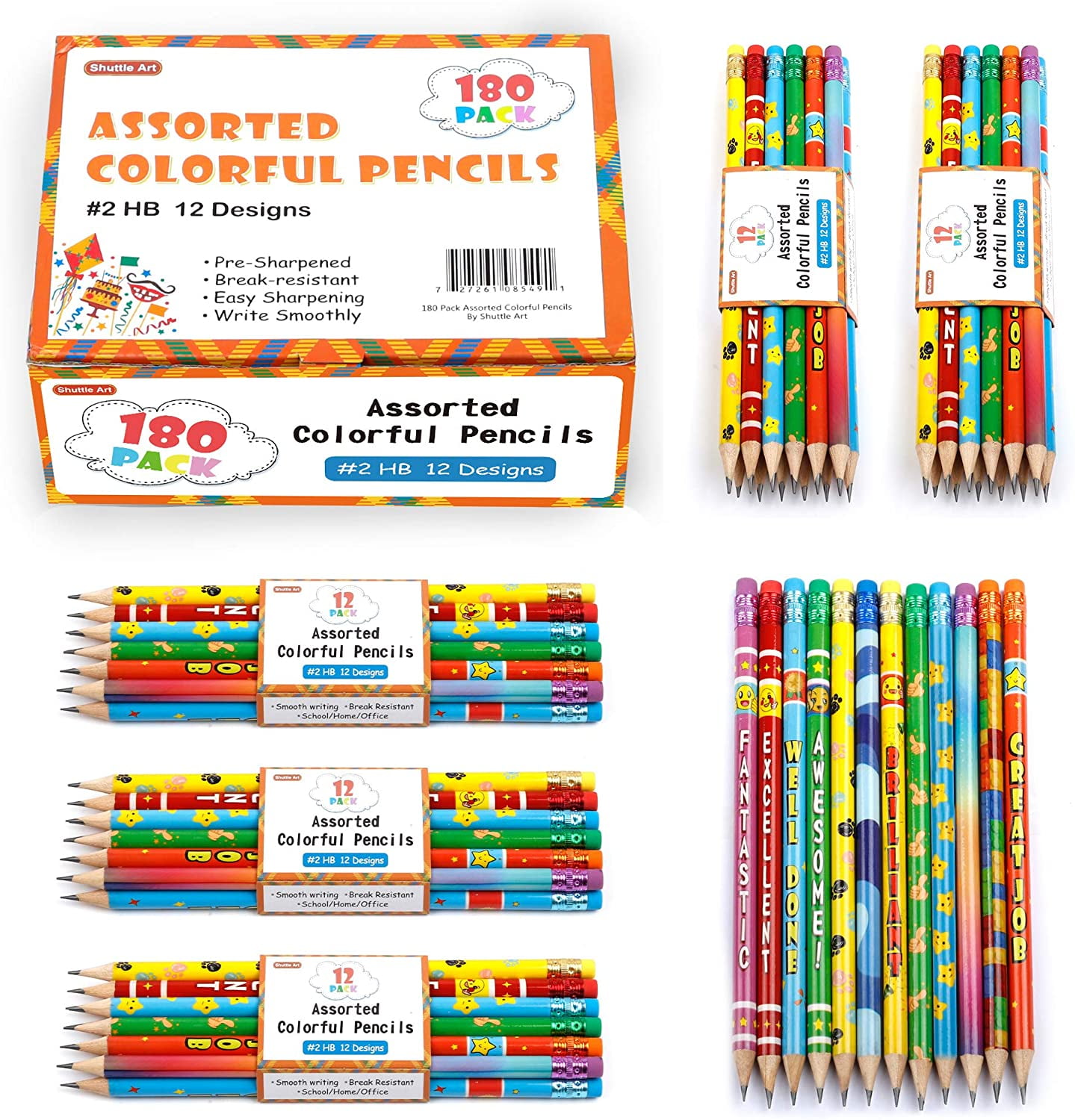 Assorted Colorful Pencils, Shuttle Art 180 Pack Pencils Bulk with 12 Designs, 2 HB, Pre-Sharpened Awards and Incentive Pencils for Home