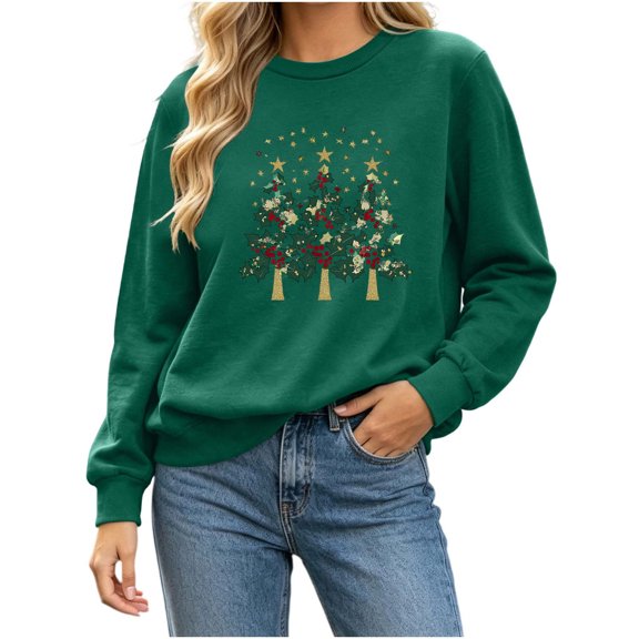 cocolona Christmas Sweatshirts for Women Christmas Tree Printed Crew Neck Long Sleeve Pullover Sweatshirts