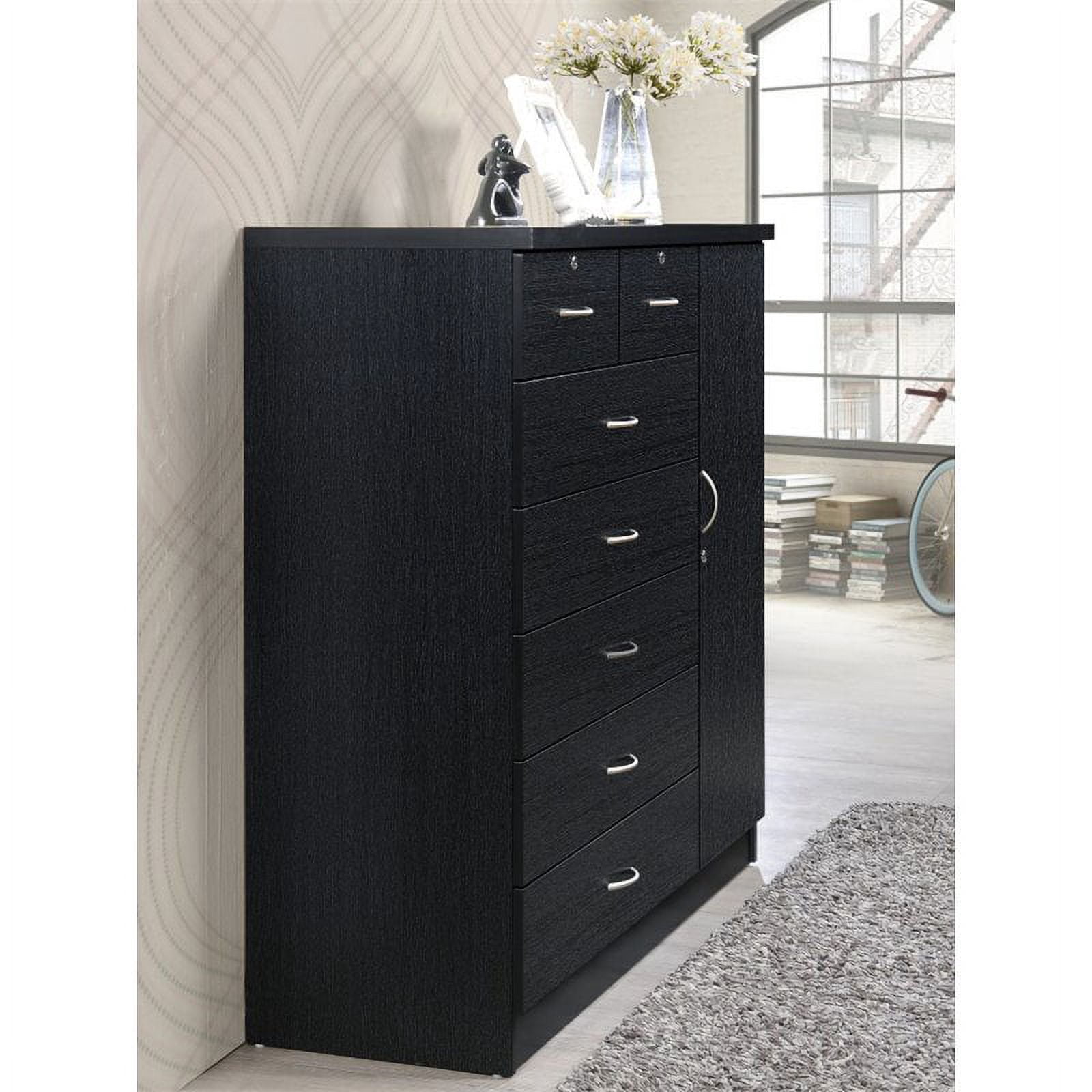 Hodedah Tall Wooden 7 Drawer 1 Door Bedroom Dresser, Black
