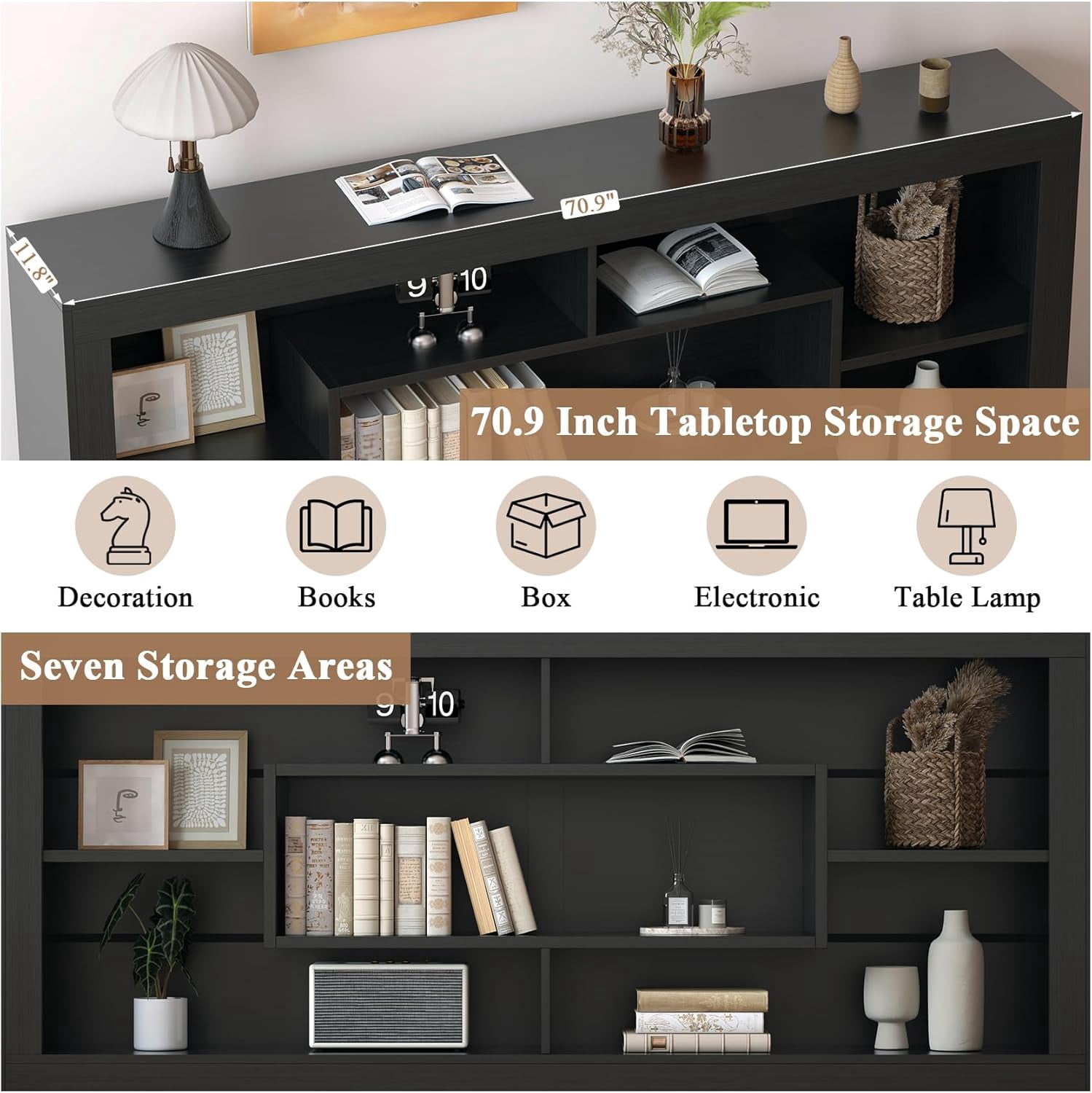 Winkalon Modern Farmhouse 7-Cube Storage Organizer Bookcase, 71” Wide Bookshelf, Large Floor Standing Cubby Shelf Unit with Anti-Tip Kit for Home Office, Living Room, Bedroom,Black